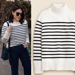 J.CREW Cotton Turtleneck Sweater in Stripe Ivory White & Black Oversized Sm NEW
